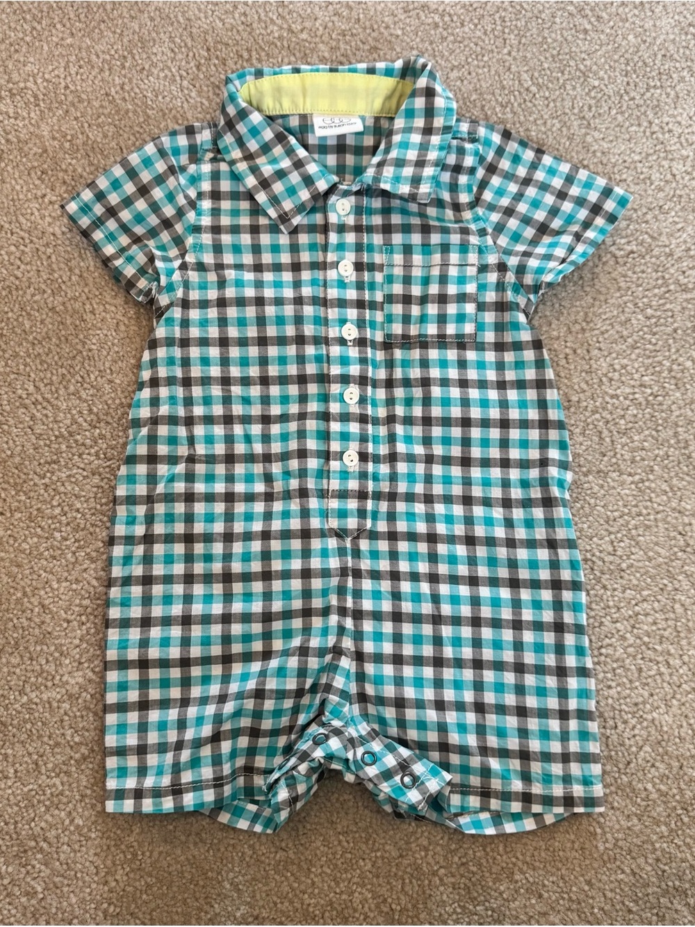 EGG by Susan Lazar Gray & Teal Plaid Cotton Baby Romper